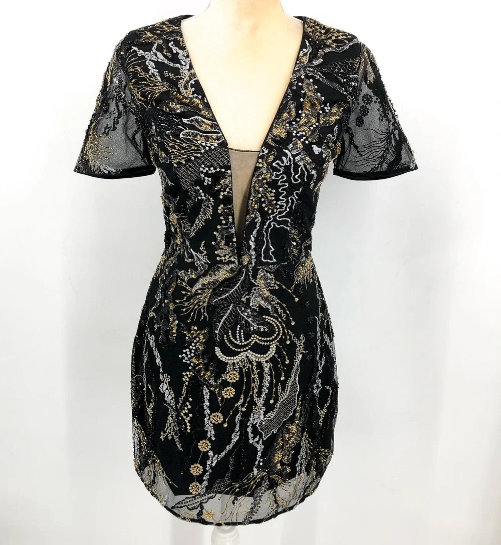 DRESS THE POPULATION Sequin Mini Dress Small Black Gold Sheer Sleeves NWOT